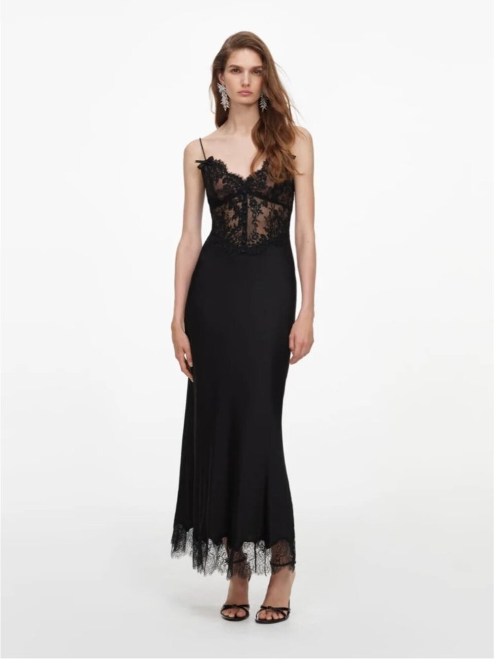 NEW Self-Portrait Black Satin Lace Sleeveless Midi Dress US 4 UK 8 - Picture 4 of 16